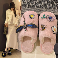 Winter Woman Warm Home Slippers Women Diamond Flip Flops Fur Slides Anti-slip Indoor Slippers Slip On Bedroom Shoes Memory Foam Wool Lining Indoor Ourdoor Non Skid Slippers