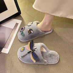Winter Woman Warm Home Slippers Women Diamond Flip Flops Fur Slides Anti-slip Indoor Slippers Slip On Bedroom Shoes Memory Foam Wool Lining Indoor Ourdoor Non Skid Slippers