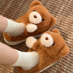 Kawaii 3D Hug Bear Fluffy House Slippers - Khaki Warm Winter Indoor Non-slip Shoes