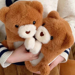 Kawaii 3D Hug Bear Fluffy House Slippers - Khaki Warm Winter Indoor Non-slip Shoes